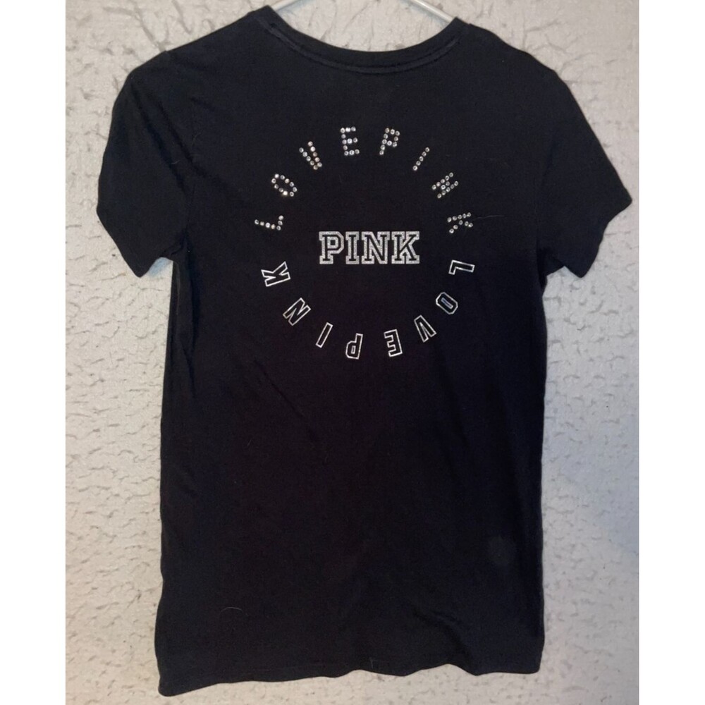 VICTORIA SECRET PINK CAMPUS SHORT SLEEVE Bling TEE BLACK RHINESTONES sz XS